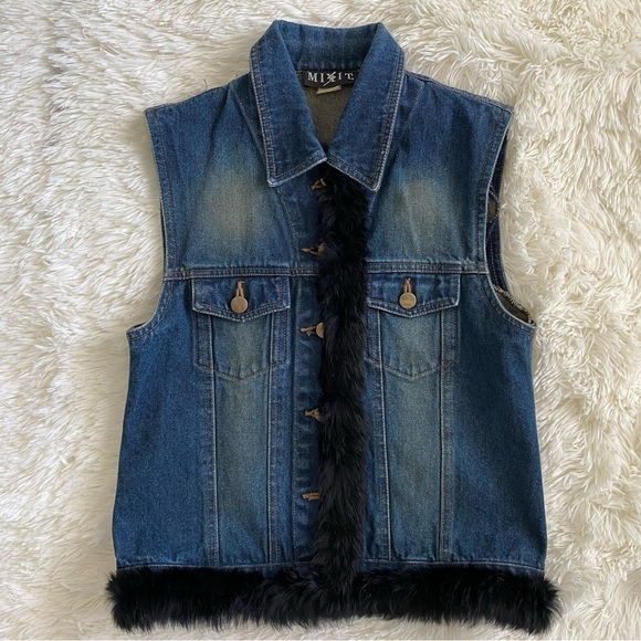 MIX It | Denim Sleeveless Vest w/ Rabbit Fur Trim | Size: Medium - Picture 1 of 9